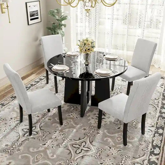 5 Pcs Round Dining Table Set, Solid Wood Kitchen Table Furniture Set with Dining Table and 4 Upholstered Chairs