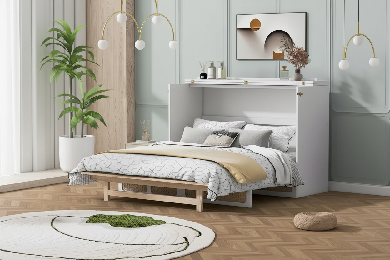 Rattan Design Murphy Bed with Storage Drawers, USB Ports and Outlets