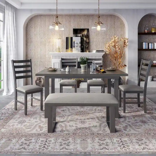 Gray Rustic 6-Piece Wooden Dining Table Set with Rectangular Table & 4 Chairs