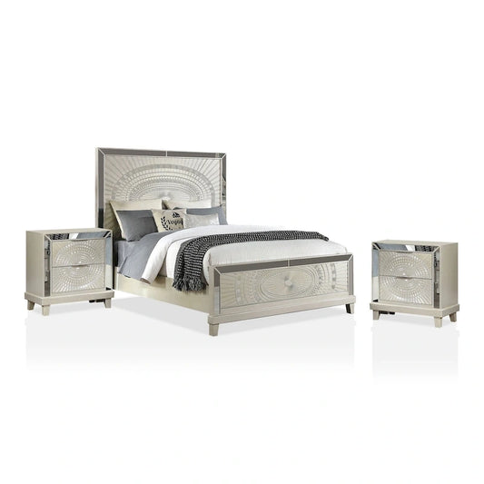Champagne-Colored 3-Piece Wooden Bedroom Set (Panel Bed and Nightstands) with USB Ports