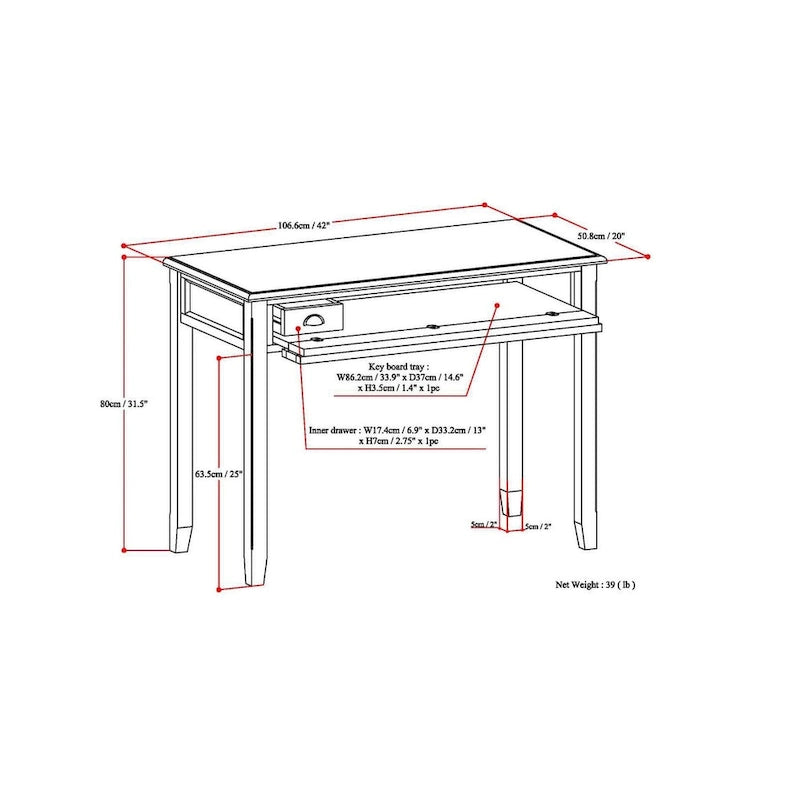 42-Inch Solid Wood Office Desk (Transitional Style, Mahogany Brown)