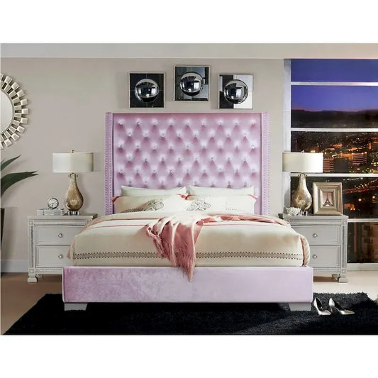 Pink Velvet Tufted Panel Bed