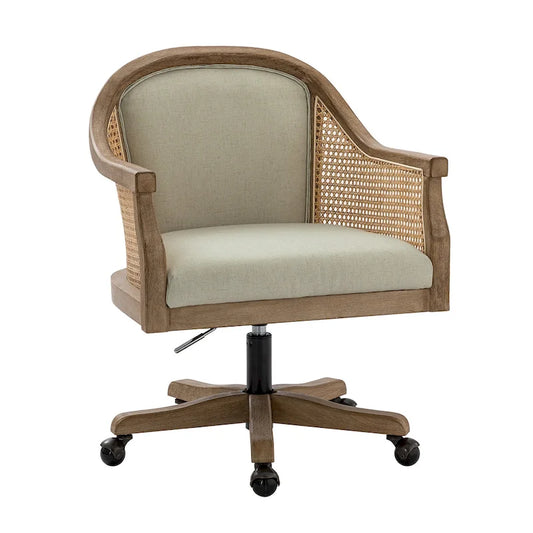 Farmhouse-Style Rattan Office Chair — 360° Swivel, Adjustable Height, Rubberwood Construction
