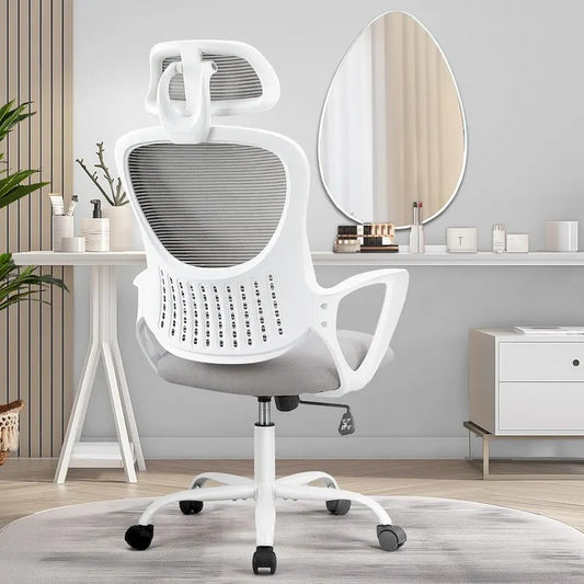 Ergonomic Office Chair, Comfy Computer Desk Chair Mesh High Back with Fixed Arms and Adjustable Headrest, Swivel Rolling Chair