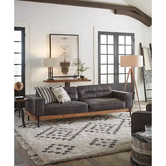 Distressed Antique Black Ebony-Colored Leather Sofa