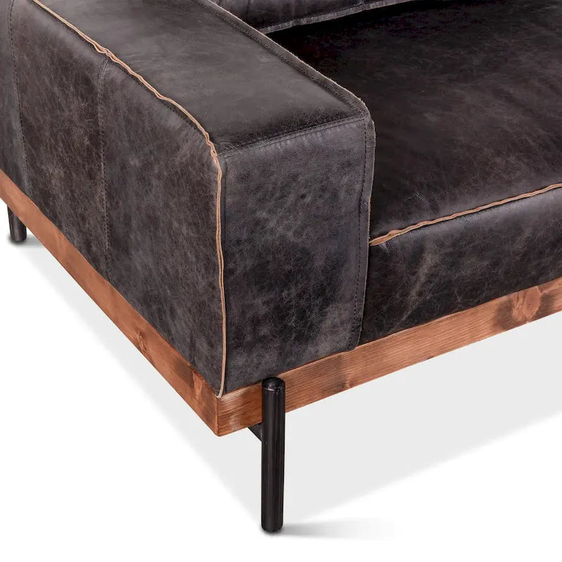 Distressed Antique Black Ebony-Colored Leather Sofa