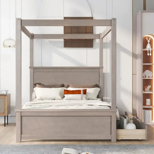 Full Size Wood Canopy Platform bed With Two Drawers