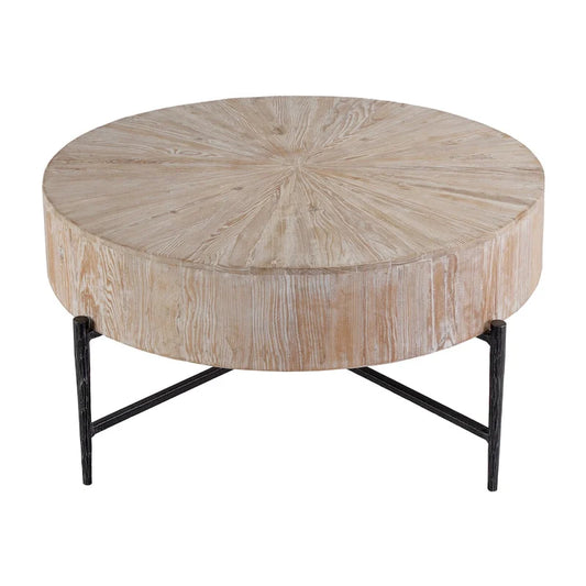 38.5-Inch Wide Round Wood and Iron Coffee Table