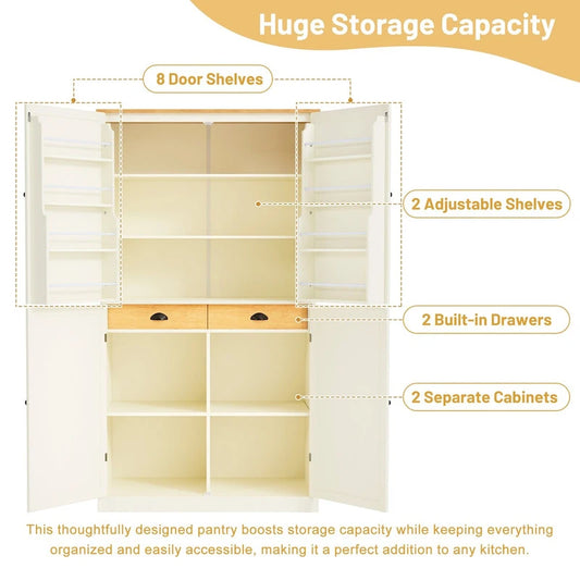 40.2x20x71.3inch High Freestanding Kitchen Pantry Cupboard Storage Cabinet with 2 Drawers, 2 Adjustable Shelves, 8 Door Shelves