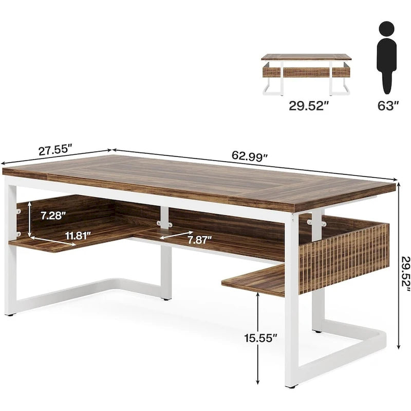 63 Executive Desk with Shelves, Computer Desk for Home Office