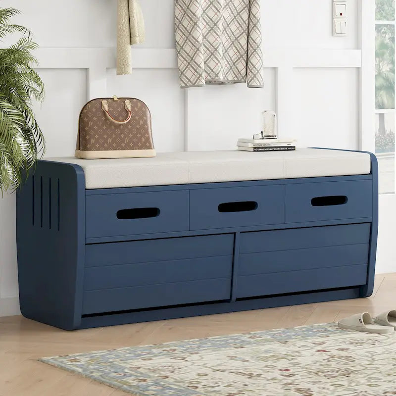 Rustic Storage Bench with 2 Drawers, Hidden Storage Space, and 3 False Drawers at the Top