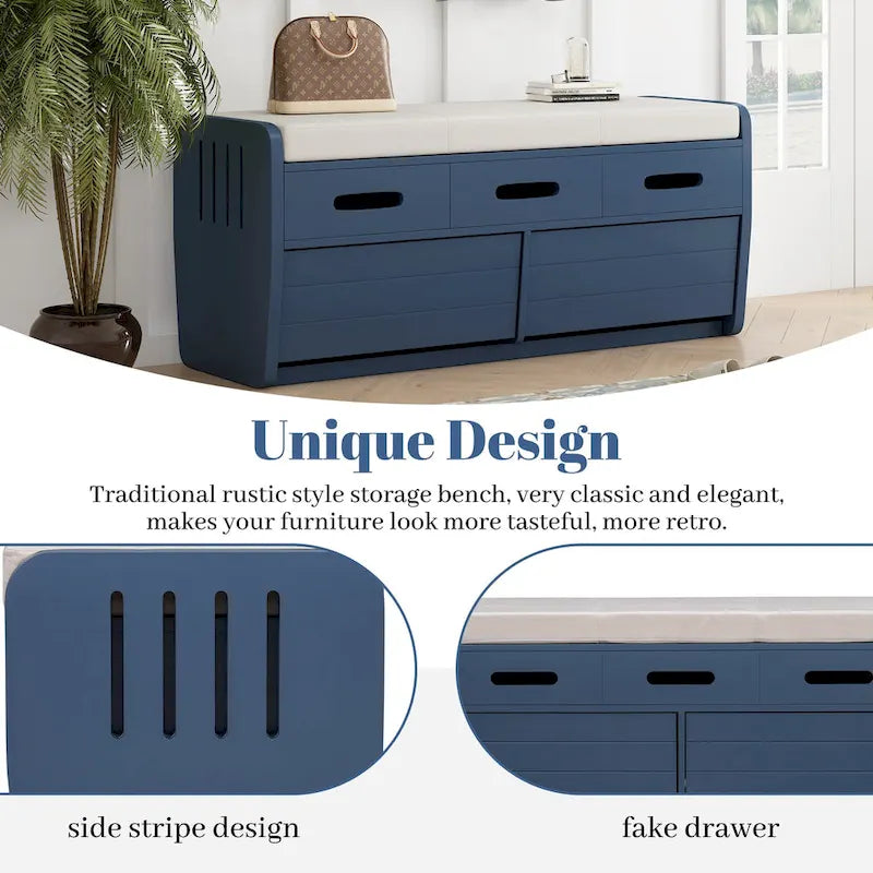 Rustic Storage Bench with 2 Drawers, Hidden Storage Space, and 3 False Drawers at the Top