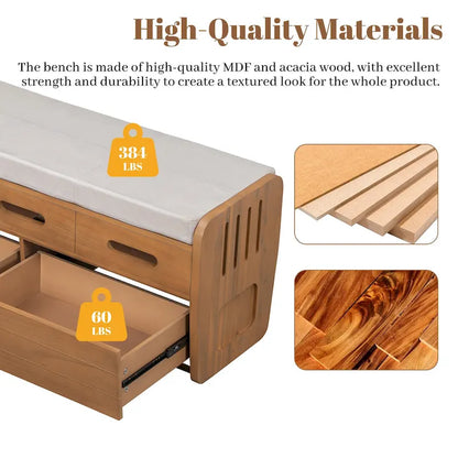 Rustic Storage Bench with 2 Drawers, Hidden Storage Space, and 3 False Drawers at the Top