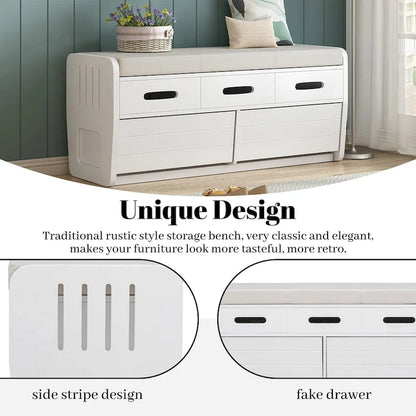 Rustic Storage Bench with 2 Drawers, Hidden Storage Space, and 3 False Drawers at the Top