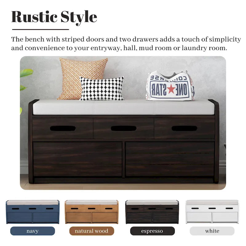 Rustic Storage Bench with 2 Drawers, Hidden Storage Space, and 3 False Drawers at the Top