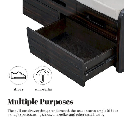 Rustic Storage Bench with 2 Drawers, Hidden Storage Space, and 3 False Drawers at the Top