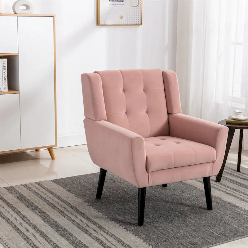 Pink Velvet Modern 29.5 Tufted Accent Chair with Wood Legs