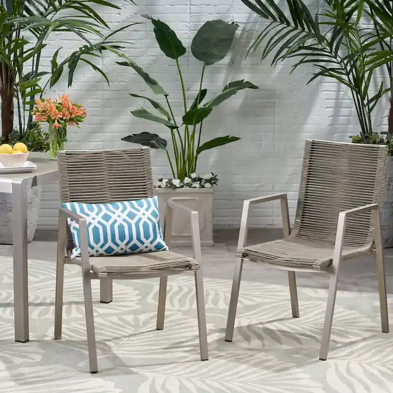 Outdoor Modern Set of 2 Dining Chairs with Rope-Woven Seats Aluminum Frame, Suitable for Dining Room Living Room Balcony Patio