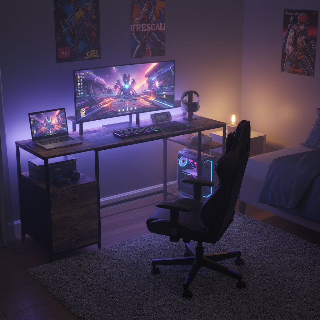 L Shaped Computer Desk 180 Rotating Corner Desk with Storage Shelves, Drawer and Cabinet, Study Workstation for Home Office