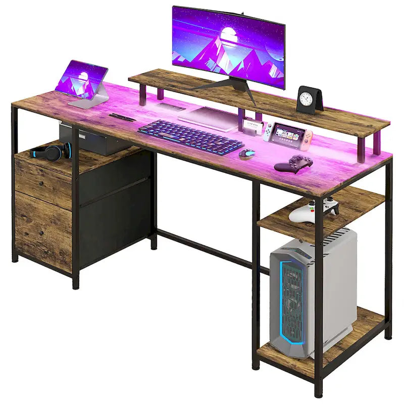L Shaped Computer Desk 180 Rotating Corner Desk with Storage Shelves, Drawer and Cabinet, Study Workstation for Home Office