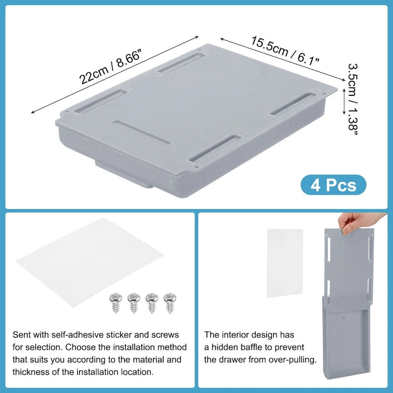 4 Pcs Self-Adhesive Under Desk Drawer for Standing Desk Office - 8.66 x 6.1 x 1.38 inches