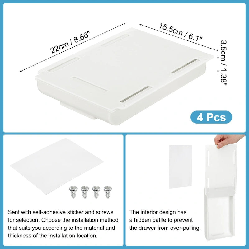 4 Pcs Self-Adhesive Under Desk Drawer for Standing Desk Office - 8.66 x 6.1 x 1.38 inches