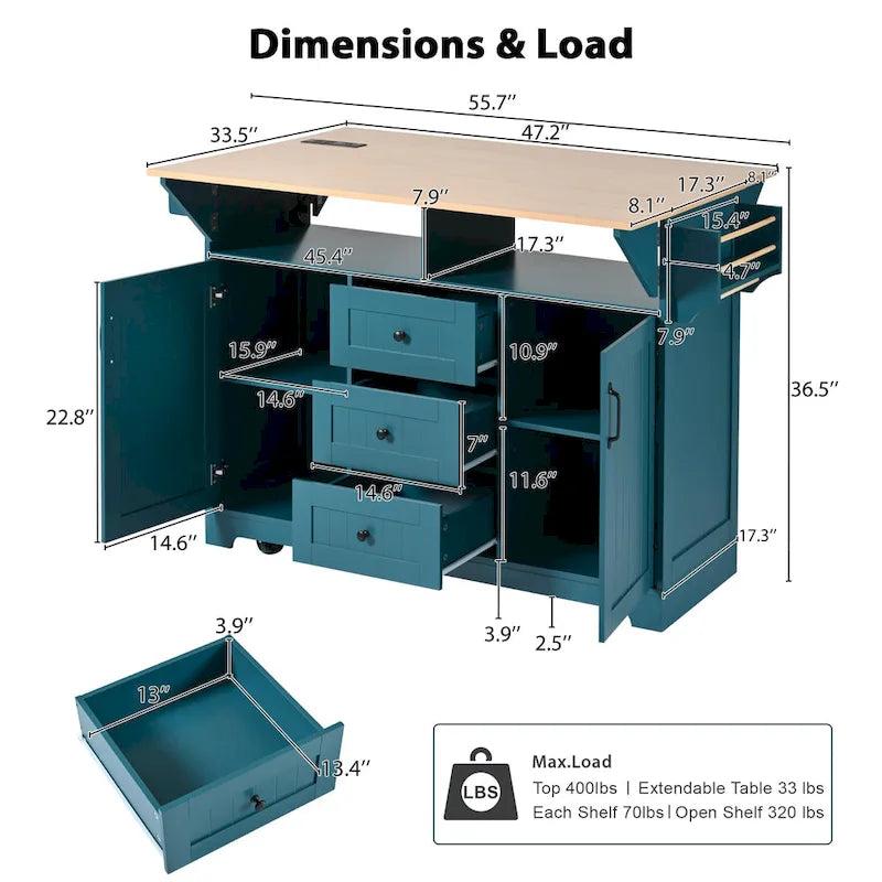 55.7 Large Kitchen Island With 2 Drop Leaf(no include stool)