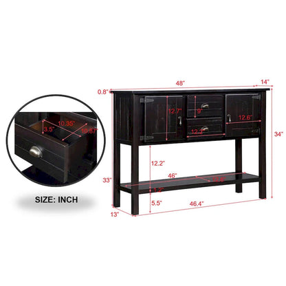 Solid Wood Sideboard Console Table with 2 Drawers and Cabinets and Bottom Shelf, Storage Dining Buffet Server Cabinet
