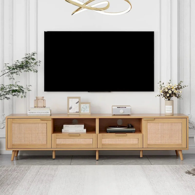 Wood 78 TV Stand with Wood Legs, Cabinets & Shelves for TVs Up to 85