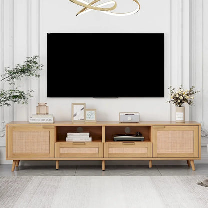 Wood 78 TV Stand with Wood Legs, Cabinets & Shelves for TVs Up to 85