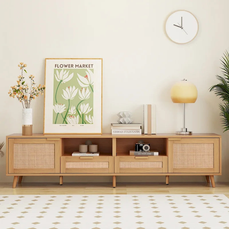 Wood 78 TV Stand with Wood Legs, Cabinets & Shelves for TVs Up to 85