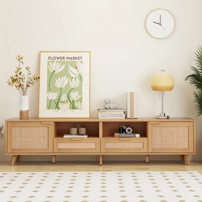 Wood 78 TV Stand with Wood Legs, Cabinets & Shelves for TVs Up to 85