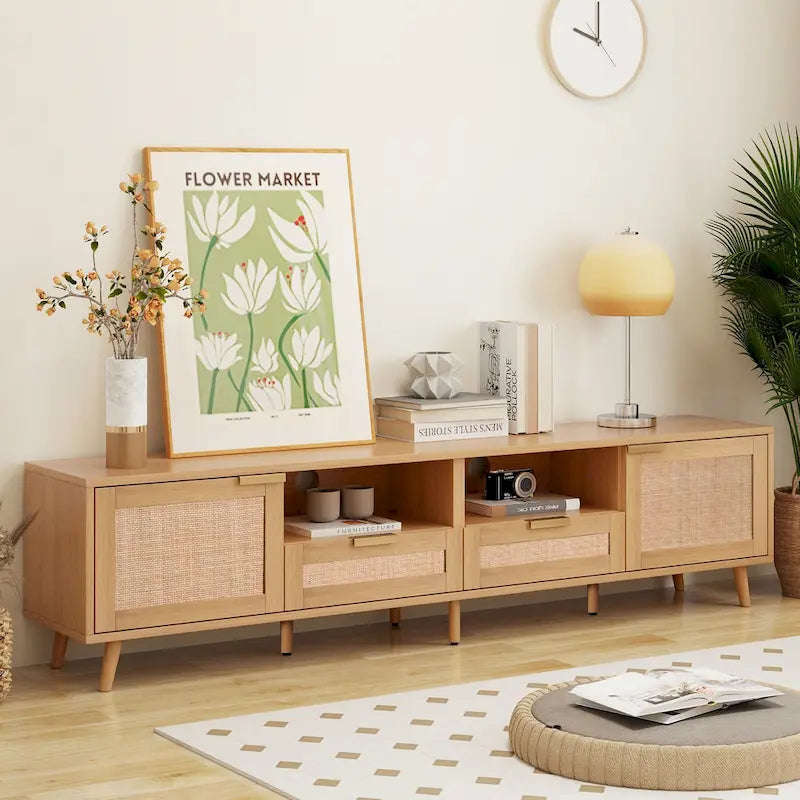 Wood 78 TV Stand with Wood Legs, Cabinets & Shelves for TVs Up to 85