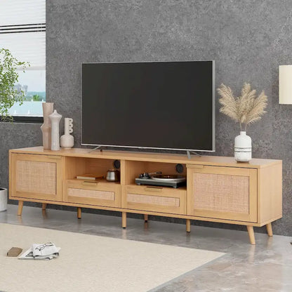 Wood 78 TV Stand with Wood Legs, Cabinets & Shelves for TVs Up to 85