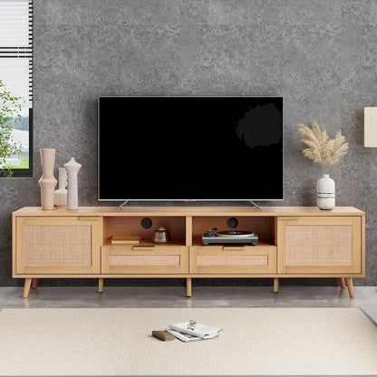 Wood 78 TV Stand with Wood Legs, Cabinets & Shelves for TVs Up to 85