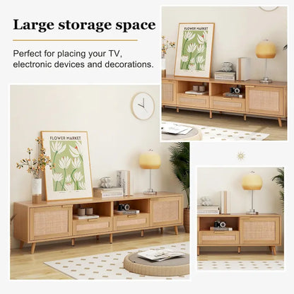 Wood 78 TV Stand with Wood Legs, Cabinets & Shelves for TVs Up to 85