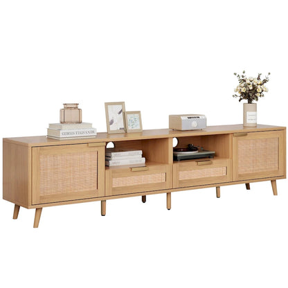 Wood 78 TV Stand with Wood Legs, Cabinets & Shelves for TVs Up to 85