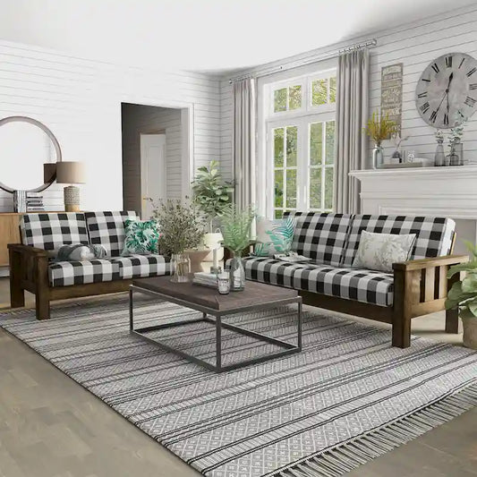 Country-Style Oak and Linen Two-Piece Sofa Set