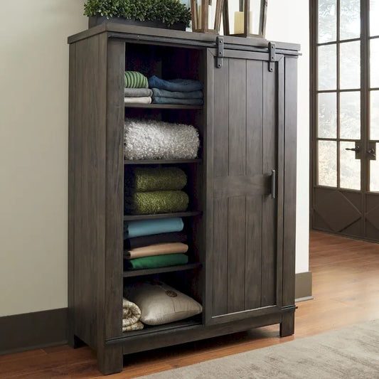 Distressed Rock-Gray Sliding-Door Storage Cabinet