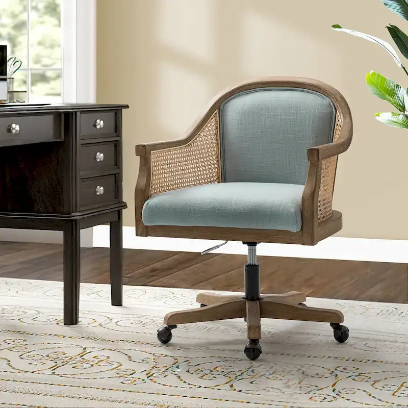 Farmhouse-Style Rattan Office Chair — 360° Swivel, Adjustable Height, Rubberwood Construction