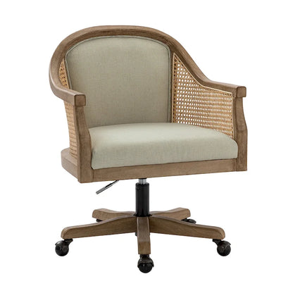 Farmhouse-Style Rattan Office Chair — 360° Swivel, Adjustable Height, Rubberwood Construction