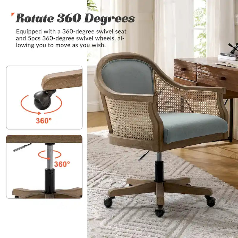 Farmhouse-Style Rattan Office Chair — 360° Swivel, Adjustable Height, Rubberwood Construction