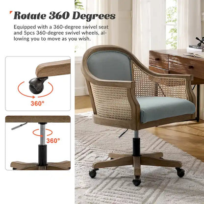 Farmhouse-Style Rattan Office Chair — 360° Swivel, Adjustable Height, Rubberwood Construction