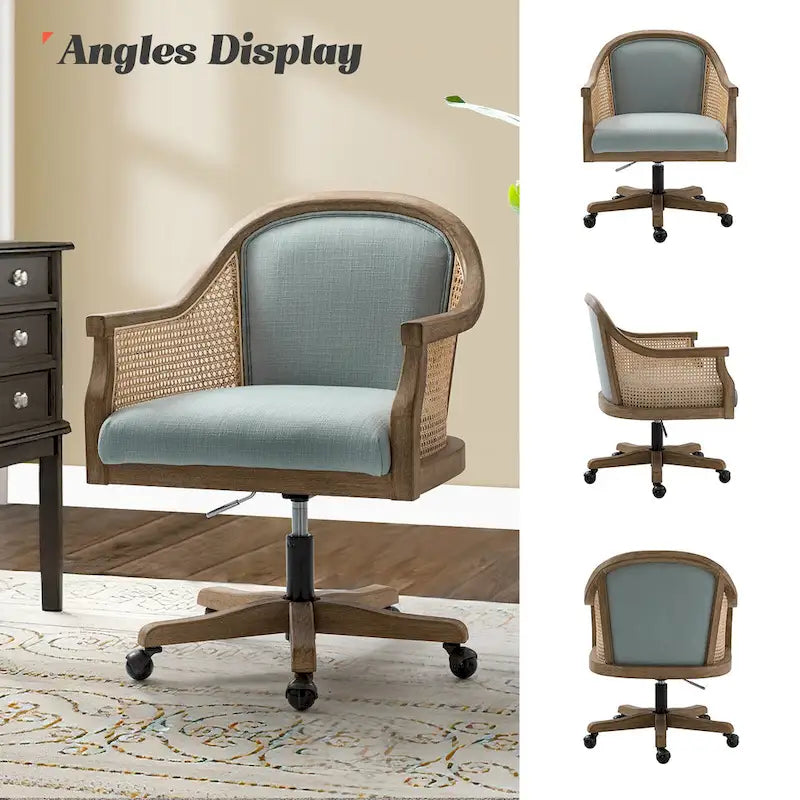 Farmhouse-Style Rattan Office Chair — 360° Swivel, Adjustable Height, Rubberwood Construction