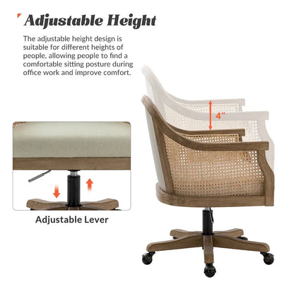 Farmhouse-Style Rattan Office Chair — 360° Swivel, Adjustable Height, Rubberwood Construction