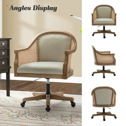 Farmhouse-Style Rattan Office Chair — 360° Swivel, Adjustable Height, Rubberwood Construction