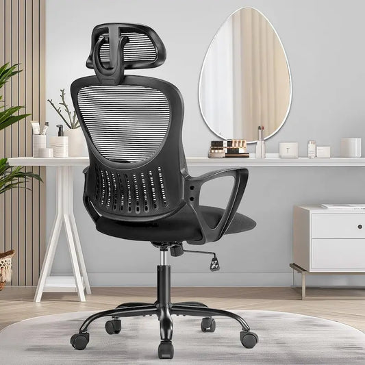Ergonomic Office Chair, Comfy Computer Desk Chair Mesh High Back with Fixed Arms and Adjustable Headrest, Swivel Rolling Chair