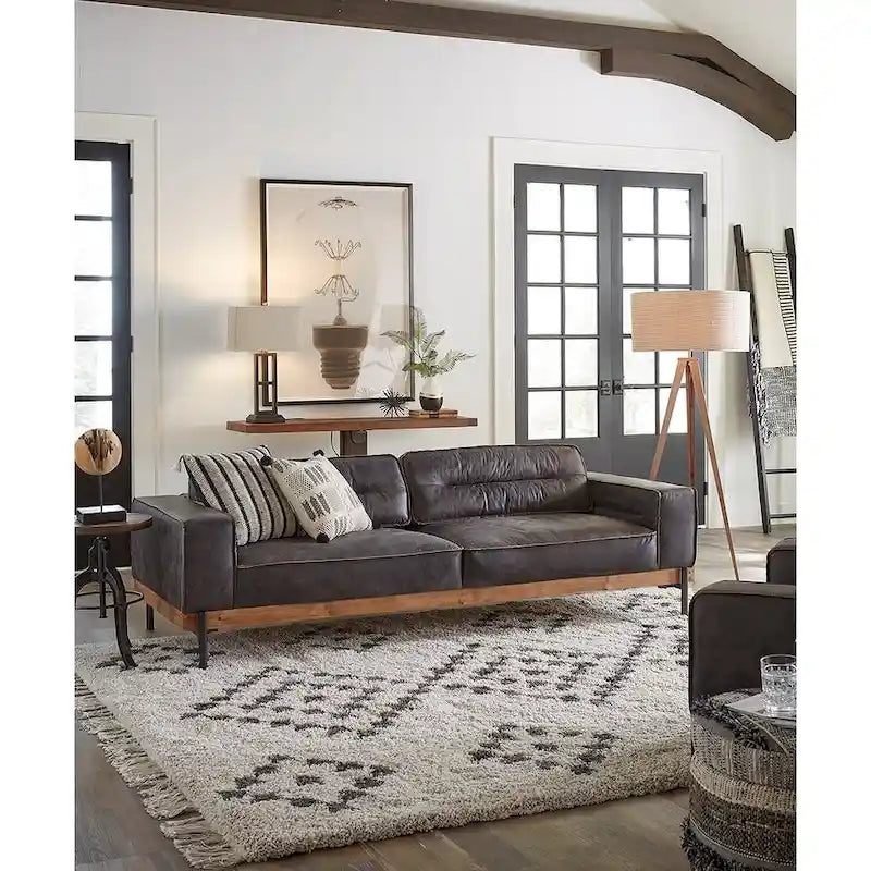 Distressed Antique Black Ebony-Colored Leather Sofa