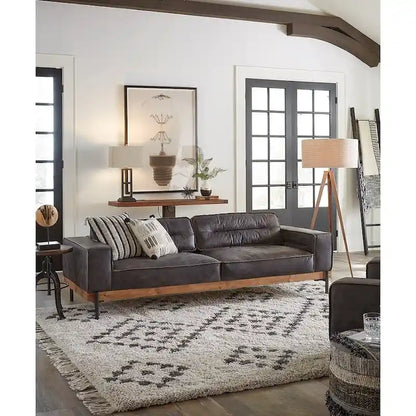 Distressed Antique Black Ebony-Colored Leather Sofa