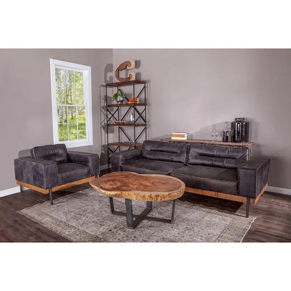 Distressed Antique Black Ebony-Colored Leather Sofa